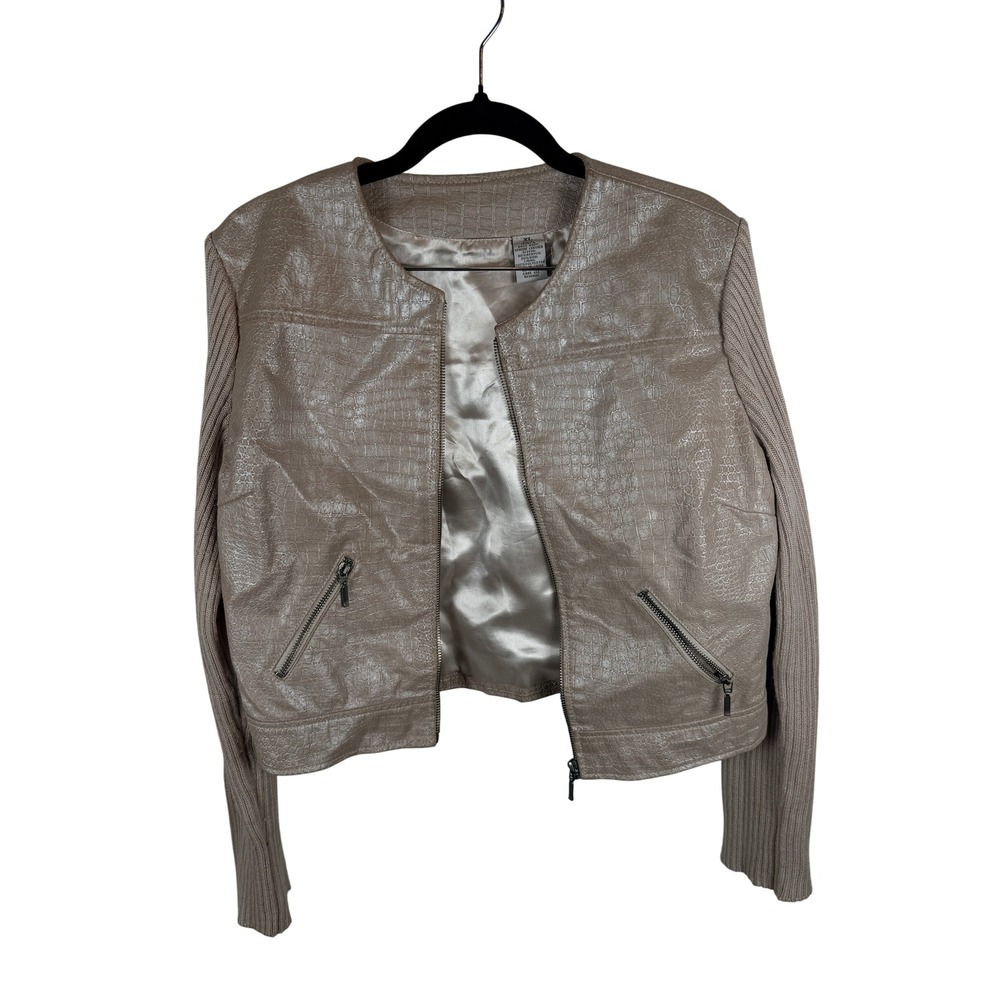 Phosphorus Leather Jacket Womens XL Champagne Croc Embossed Knit Sleeve Zip VTG